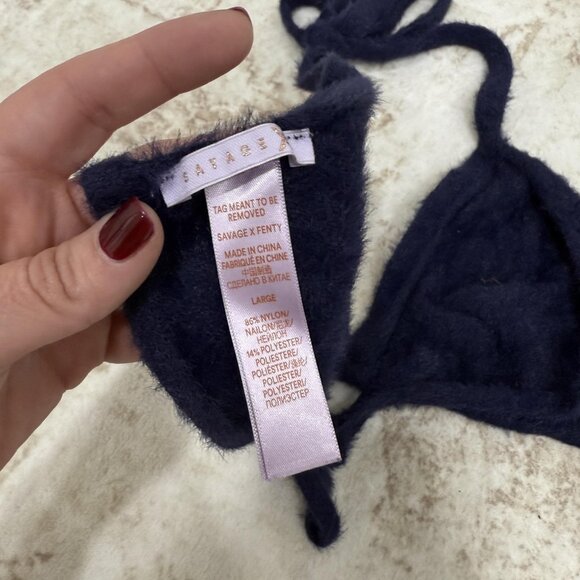 Savage X Fenty Bralette Womens Large Navy Fuzzy Triangle Halter Tie Plush Bra - Picture 4 of 8